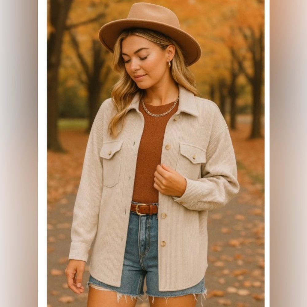 Timing Shacket Collared Button Up Long Sleeve Oatmeal/ Cream stripe Shacket - Picture 6 of 6